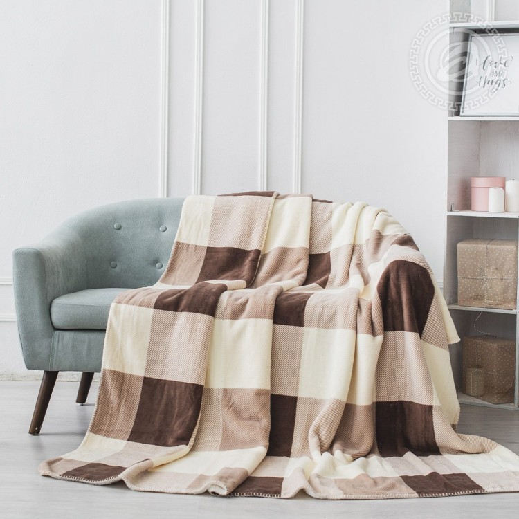 Плед флисовый "Клетка" бежевый-коричневый ПФ20-2 220*200 ПФ20-2